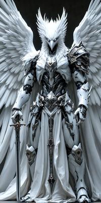 The primary subject of the image is a white angelic figure, possibly a robot or an angel, wearing a white costume and holding a sword. The setting is a white background, which emphasizes the figure's whiteness. The visual style appears to be digital art or illustration, as the figure is depicted in a detailed and intricate manner. The colors and mood of the image are predominantly white, giving it a clean and serene atmosphere.